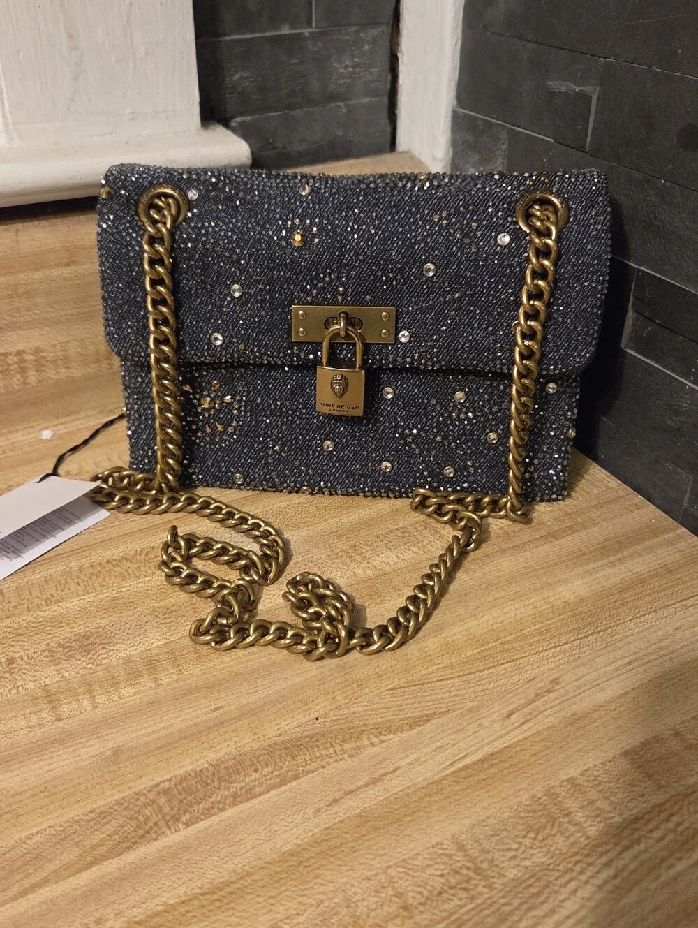 Kurt Geiger NWT Denim Paisley Rhinestone Brixton & Dustbag